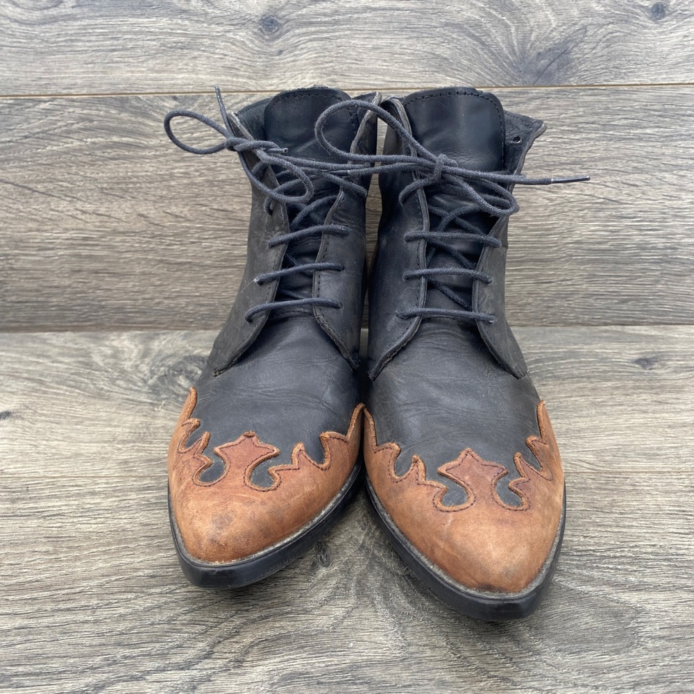 Western Ankle Boots Women 7.5 Black Brown Leather Lace Up Spain